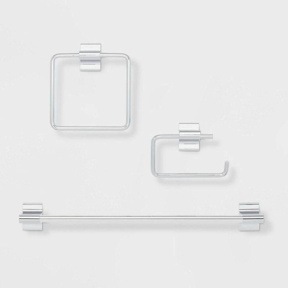 3pc Modern Bath Hardware Set Chrome - : Includes Toilet Tissue Holder Towel Ring